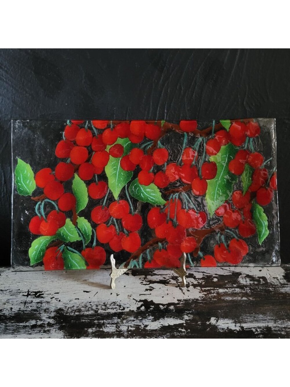 Vintage William McGrath Cherries Jubilee Fused Art Glass Tray Dish Plate Signed